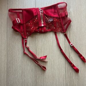 Honey Birdette Red Lace Garter Belt with Gold Accents